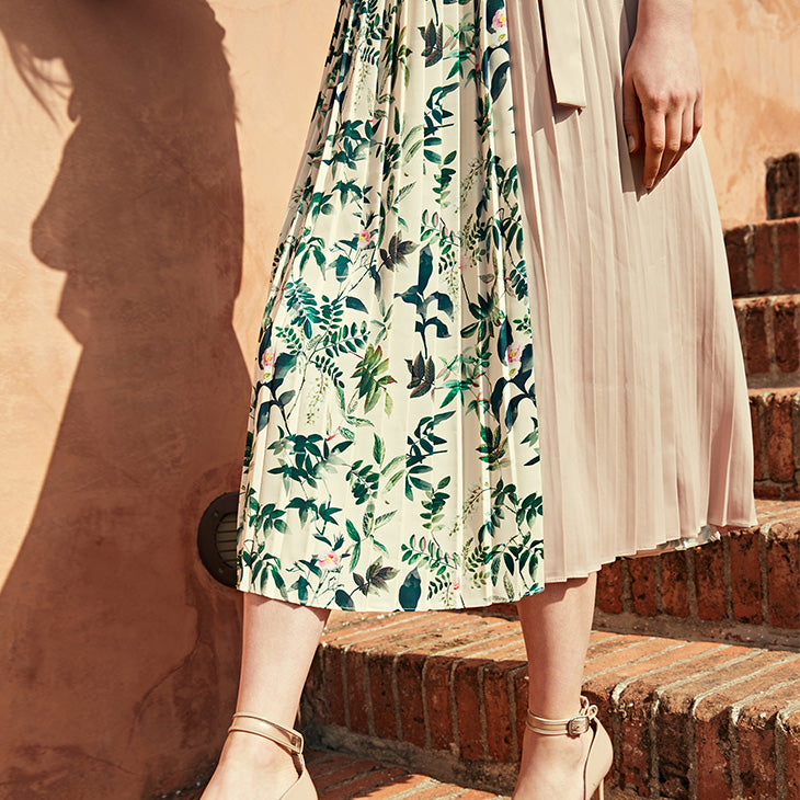 Pleated Splice Decorative Buttons Side Zip Skirt