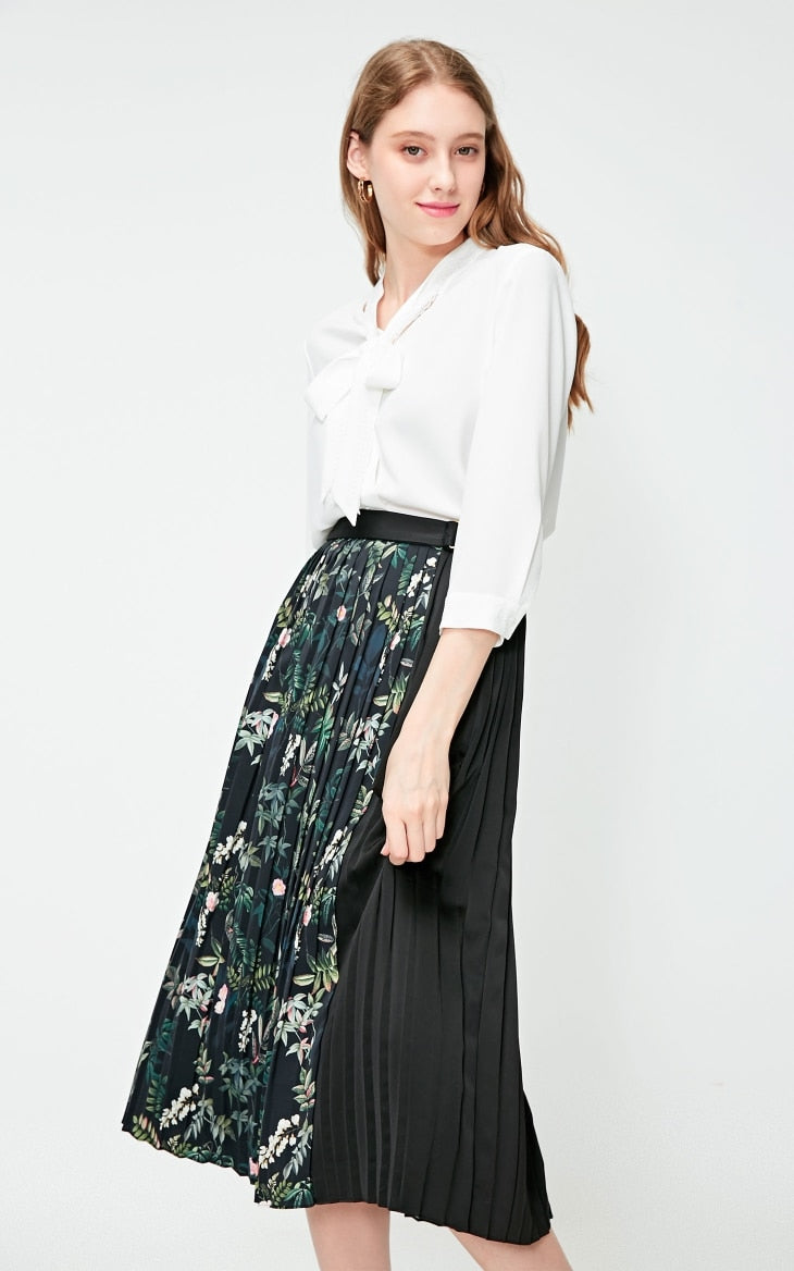 Pleated Splice Decorative Buttons Side Zip Skirt