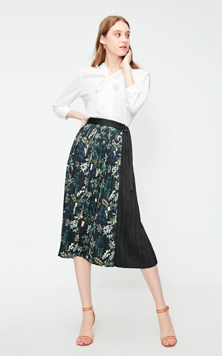 Pleated Splice Decorative Buttons Side Zip Skirt