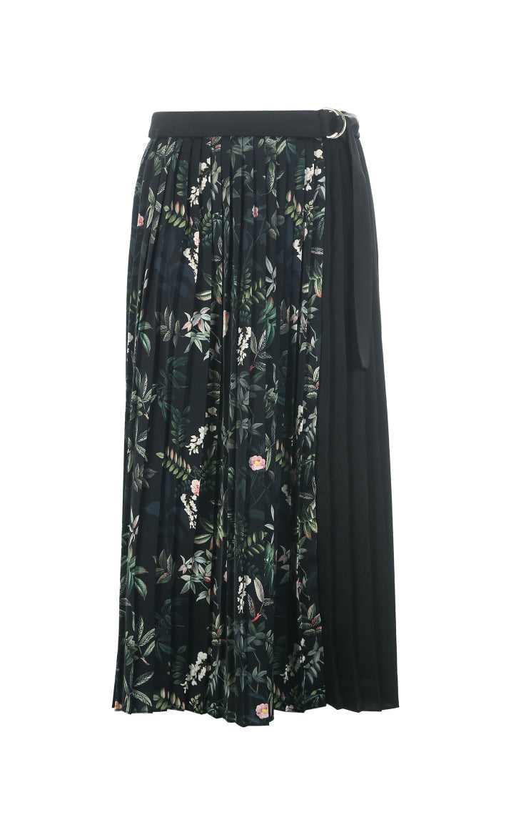 Pleated Splice Decorative Buttons Side Zip Skirt