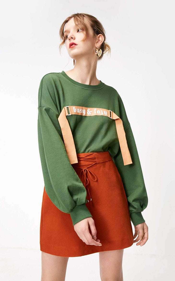 Round Neckline Decorative Ribbon Sweatshirt Hoodies