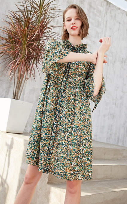 Buckled Ruffled 3/4 Flared Sleeves Dress