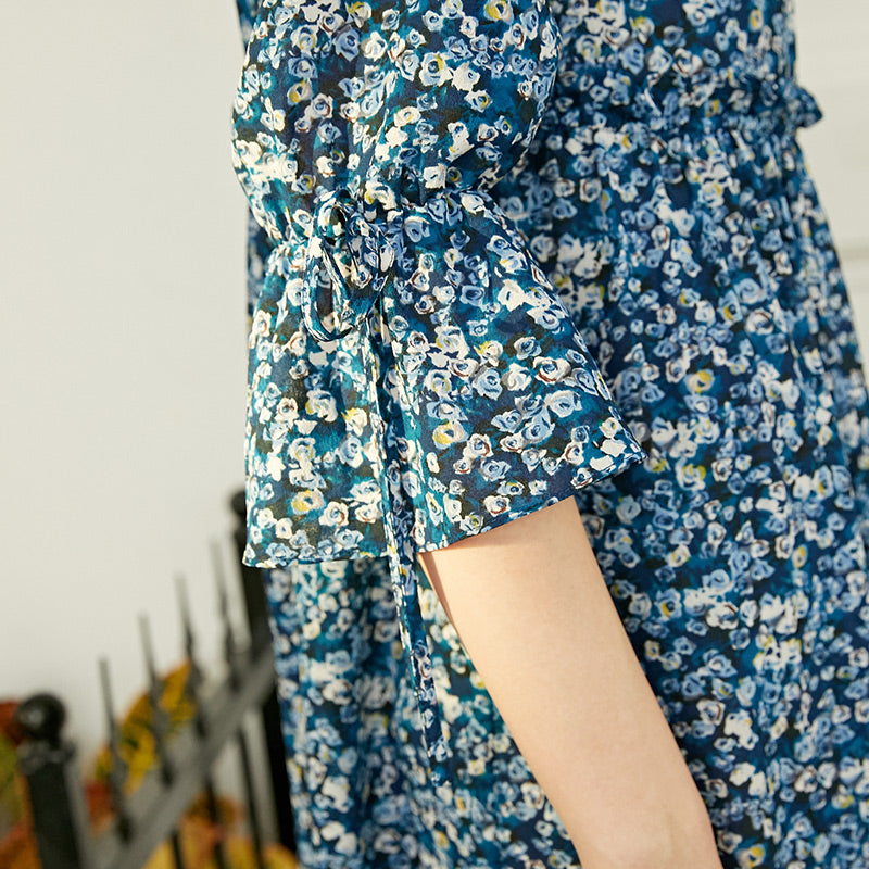 Buckled Ruffled 3/4 Flared Sleeves Dress