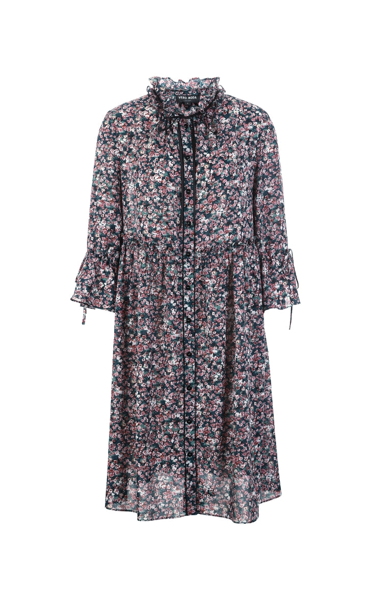 Buckled Ruffled 3/4 Flared Sleeves Dress