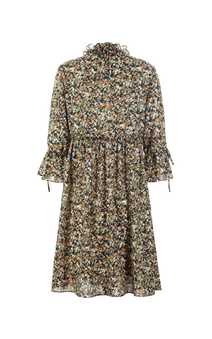 Buckled Ruffled 3/4 Flared Sleeves Dress