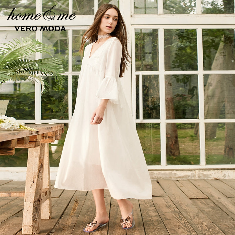 V-neck 100% Cotton Flared Sleeves Homewear Dress