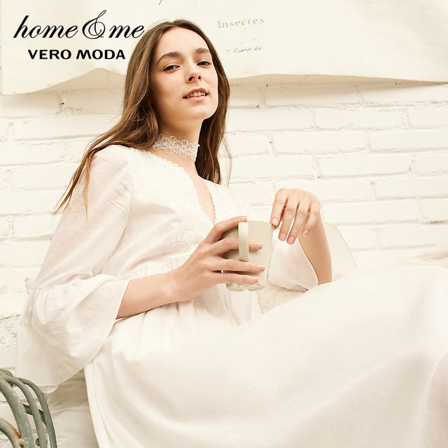 V-neck 100% Cotton Flared Sleeves Homewear Dress