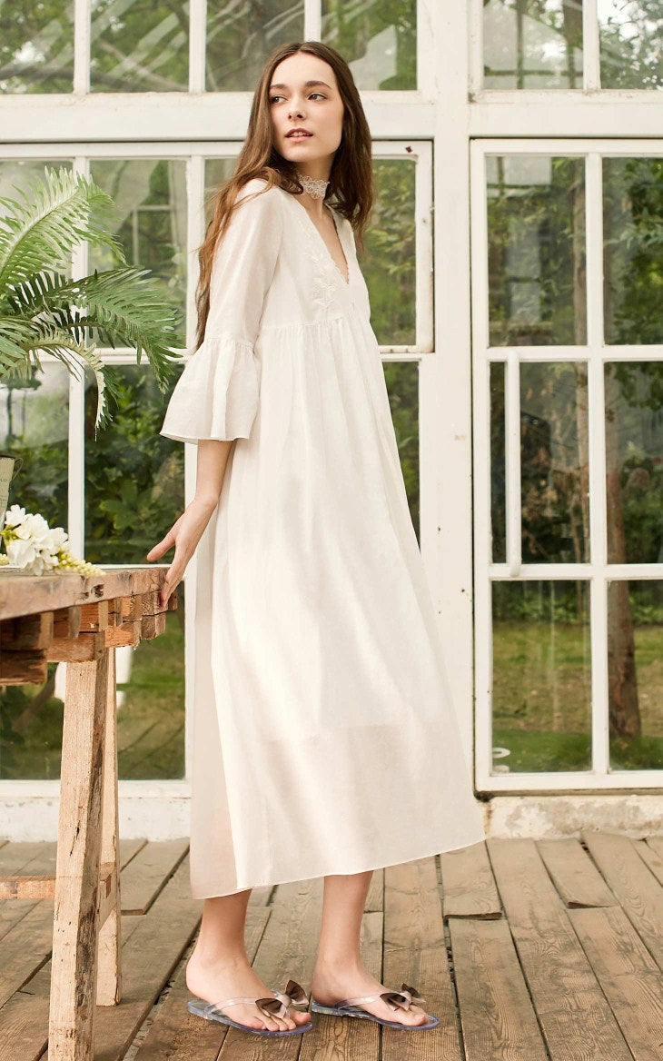 V-neck 100% Cotton Flared Sleeves Homewear Dress