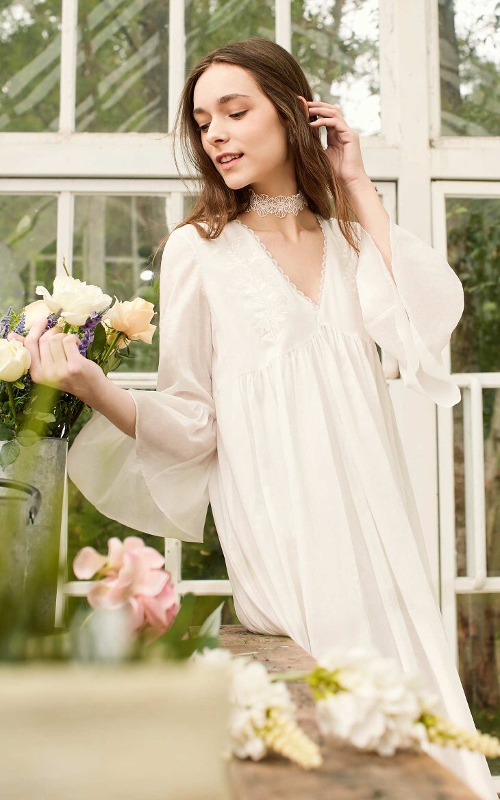 V-neck 100% Cotton Flared Sleeves Homewear Dress
