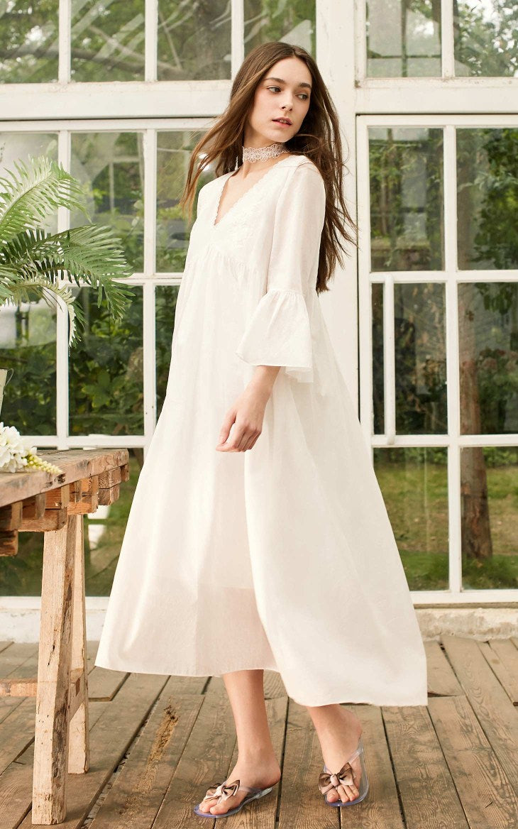 V-neck 100% Cotton Flared Sleeves Homewear Dress
