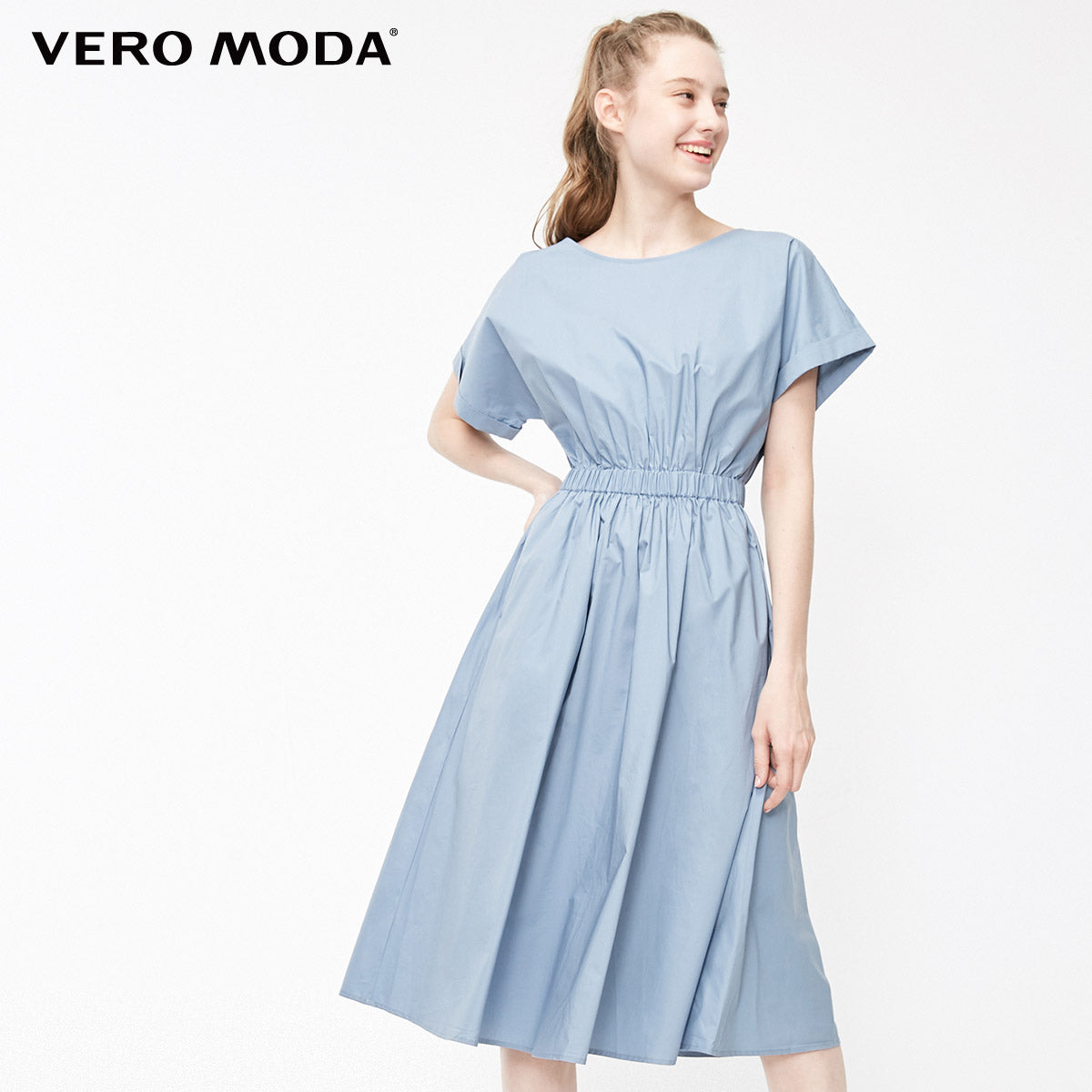 Batwing Sleeves Elasticized Waist Round Neck Pure Dress