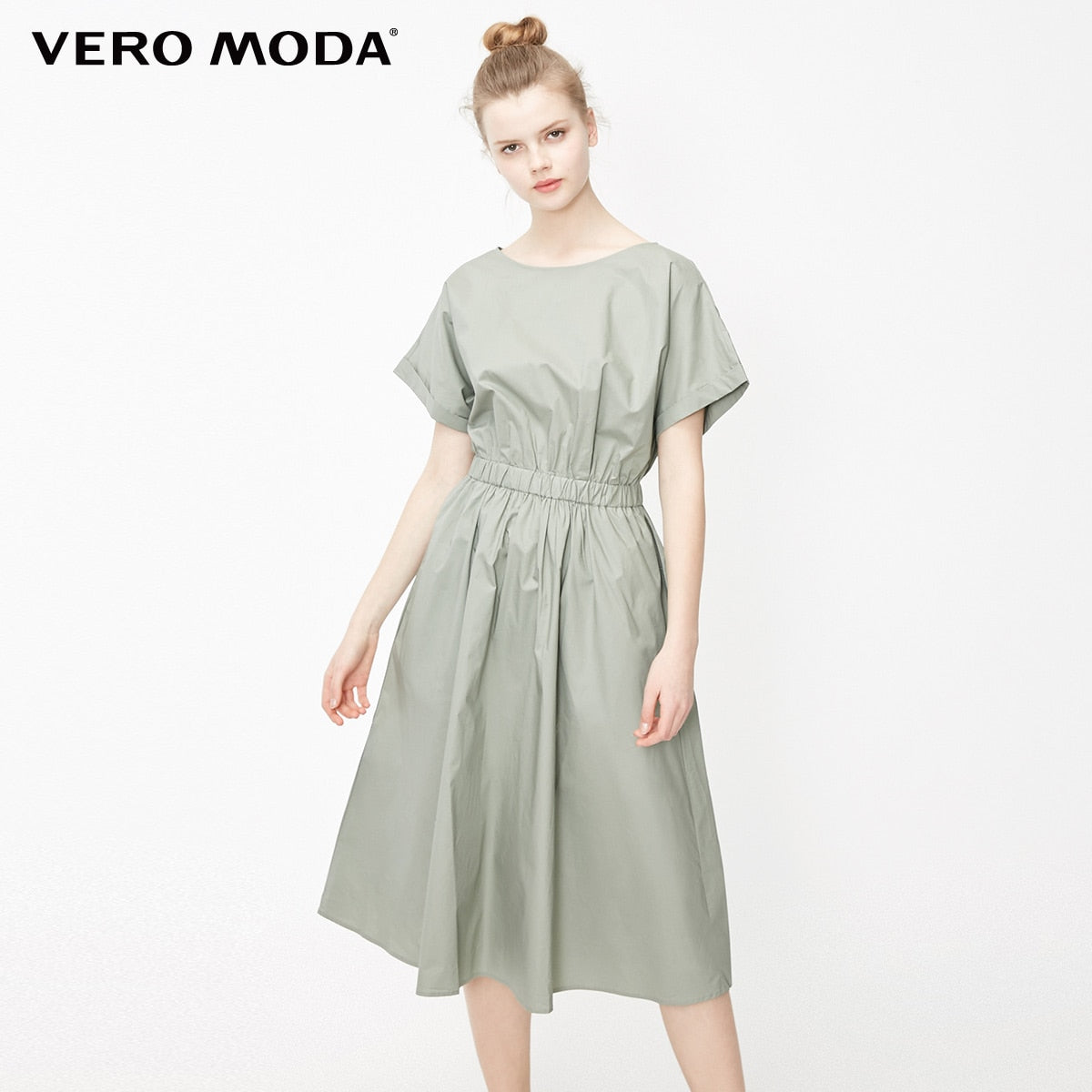 Batwing Sleeves Elasticized Waist Round Neck Pure Dress