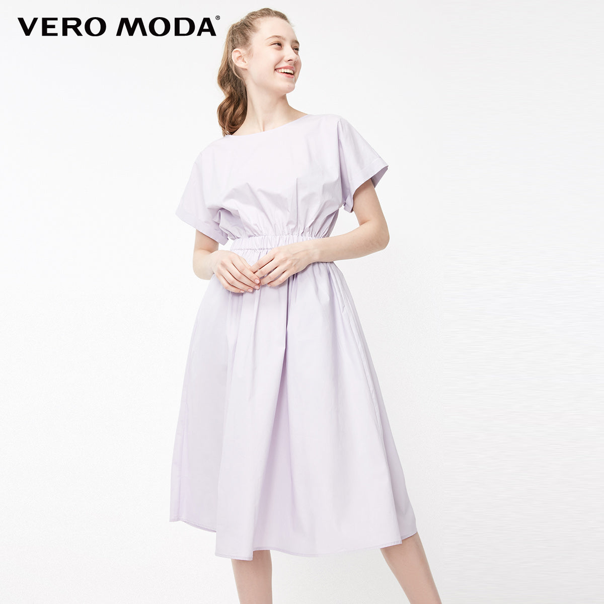 Batwing Sleeves Elasticized Waist Round Neck Pure Dress