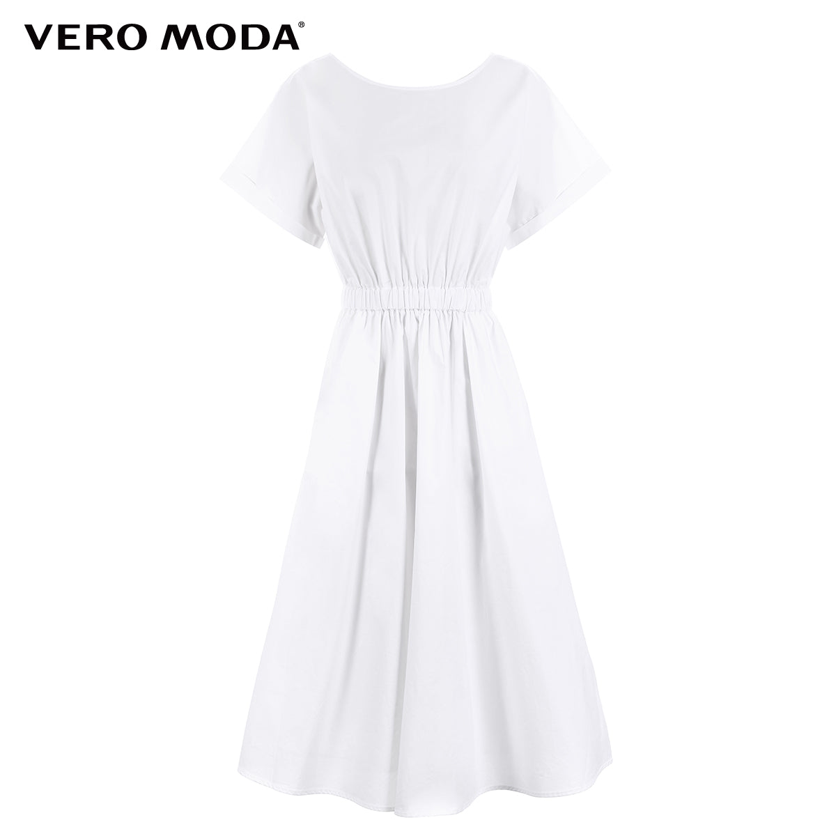 Batwing Sleeves Elasticized Waist Round Neck Pure Dress