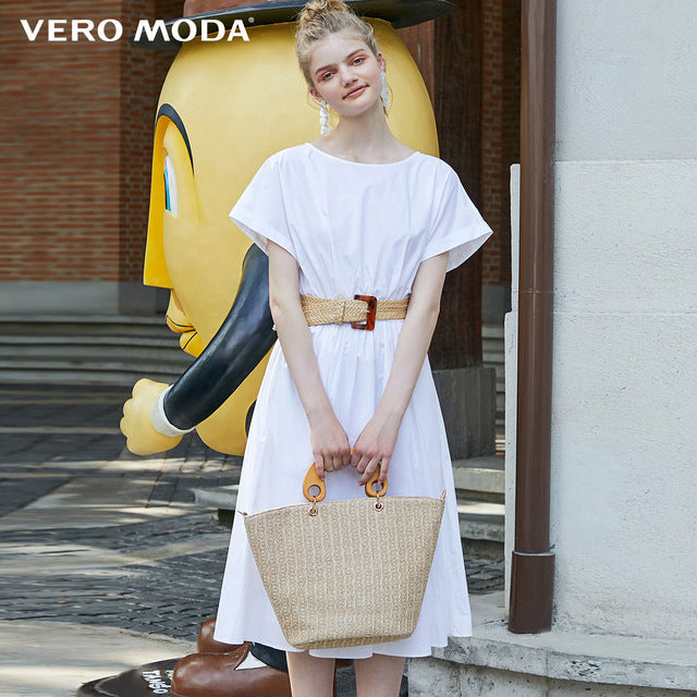 Batwing Sleeves Elasticized Waist Round Neck Pure Dress