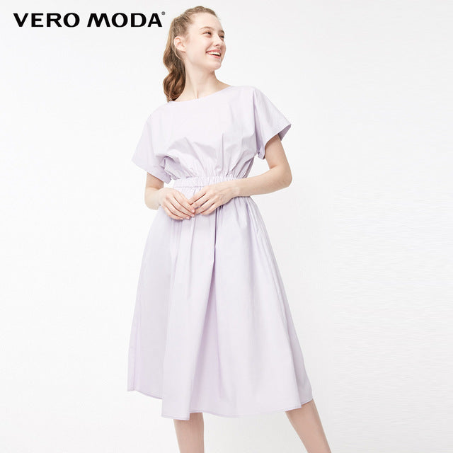 Batwing Sleeves Elasticized Waist Round Neck Pure Dress