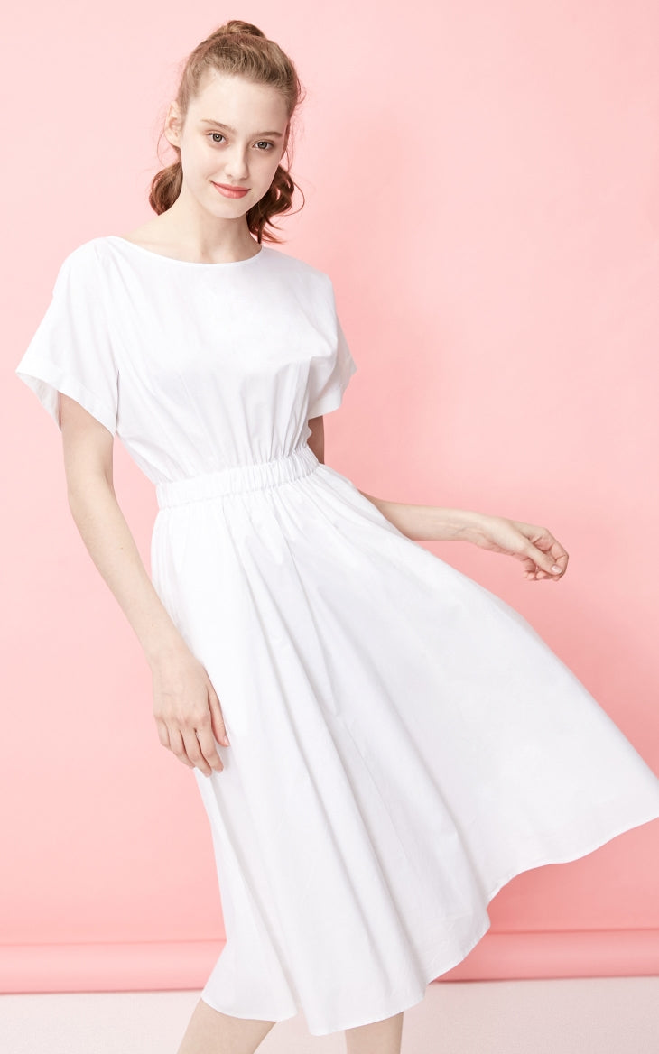 Batwing Sleeves Elasticized Waist Round Neck Pure Dress