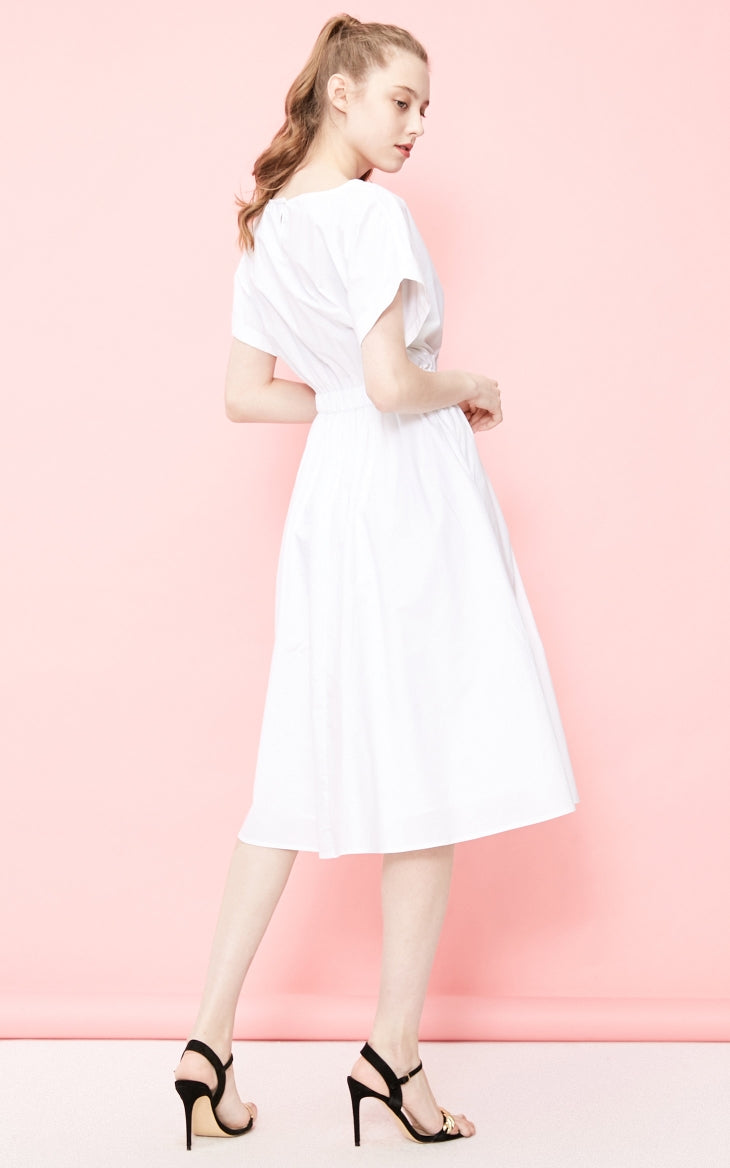 Batwing Sleeves Elasticized Waist Round Neck Pure Dress