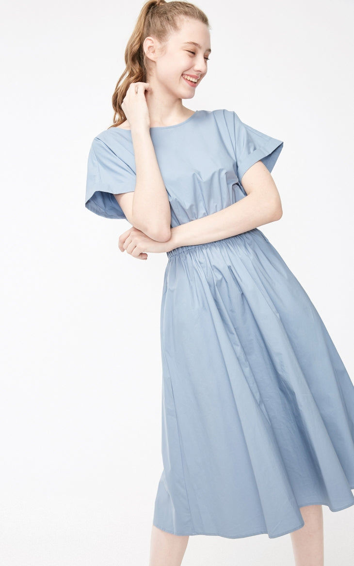 Batwing Sleeves Elasticized Waist Round Neck Pure Dress