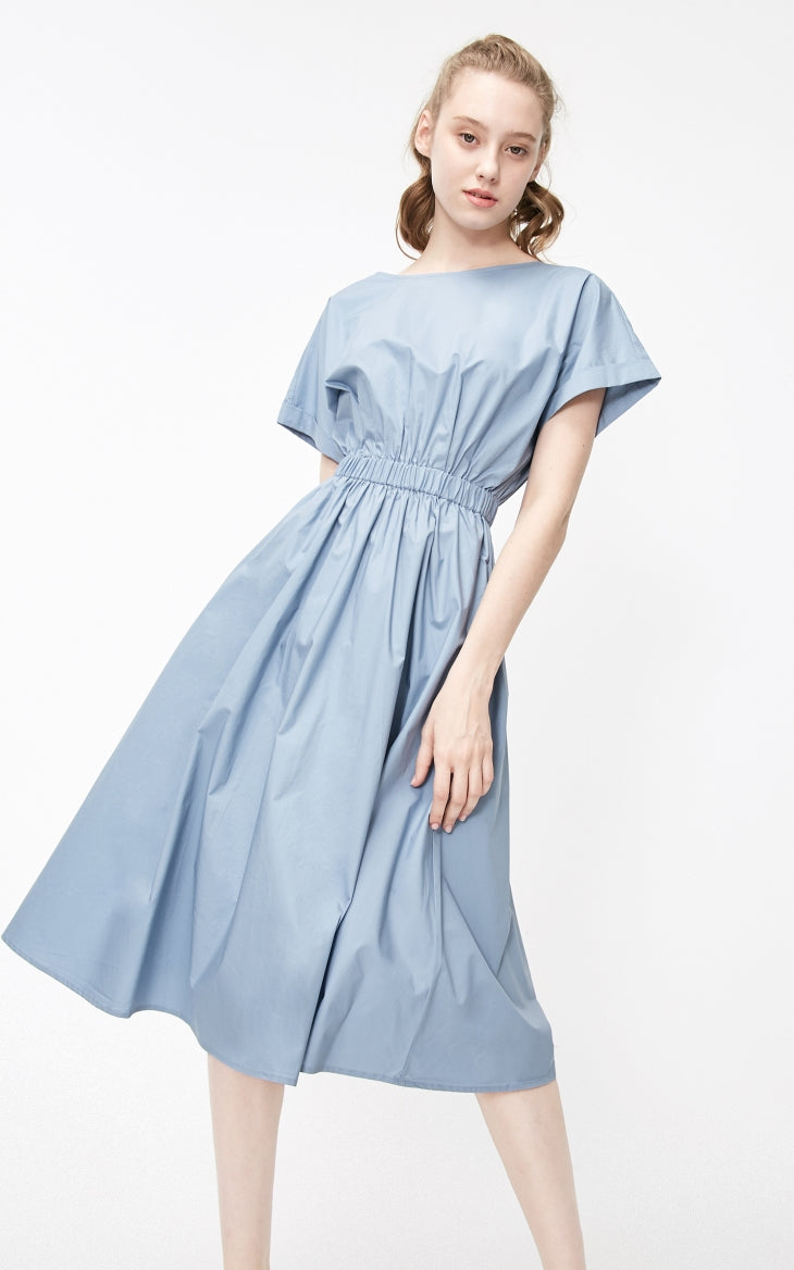 Batwing Sleeves Elasticized Waist Round Neck Pure Dress