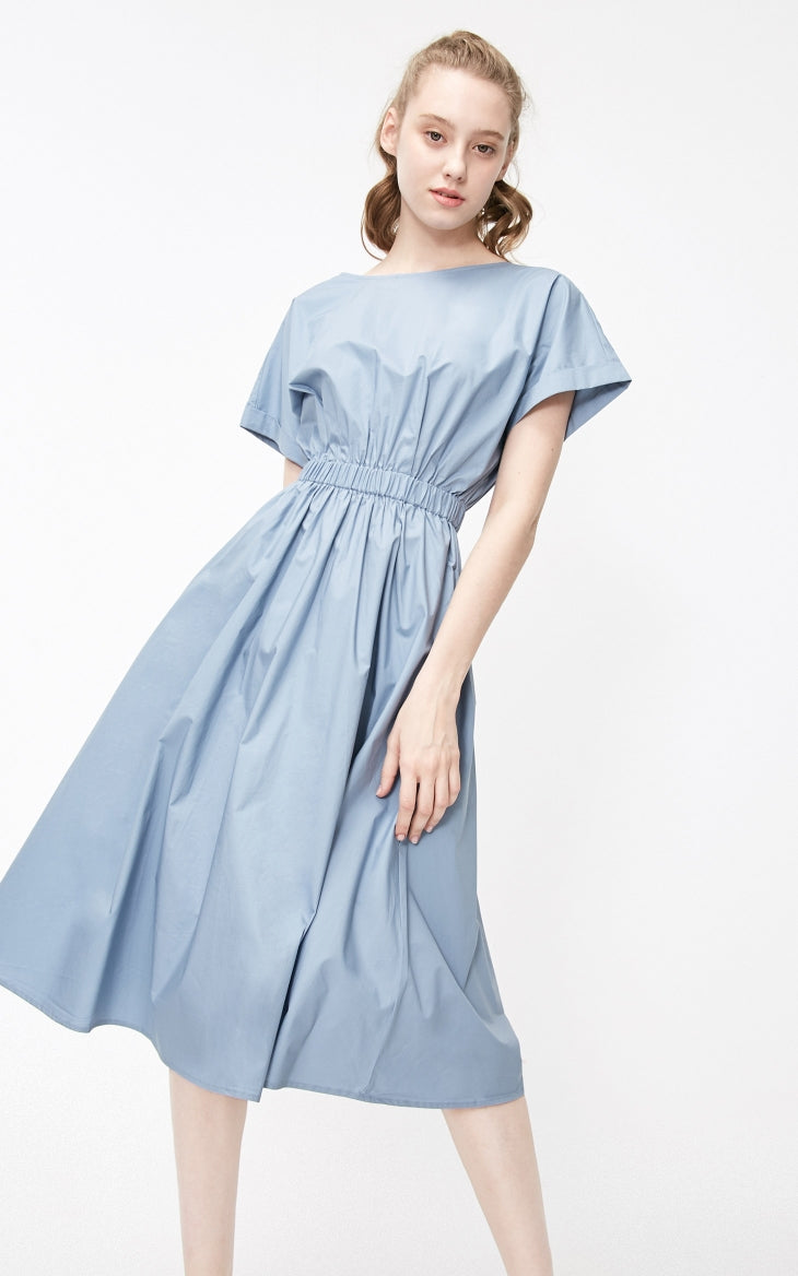 Batwing Sleeves Elasticized Waist Round Neck Pure Dress