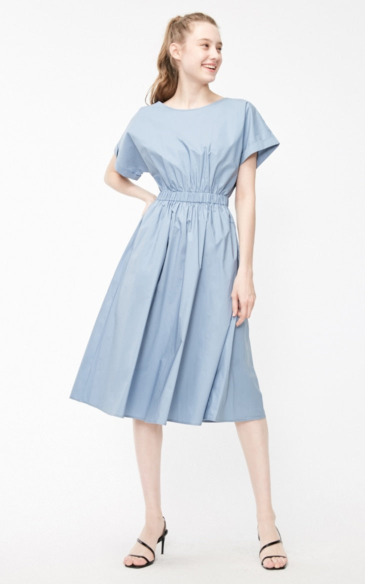 Batwing Sleeves Elasticized Waist Round Neck Pure Dress