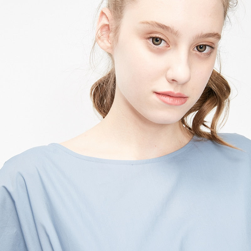 Batwing Sleeves Elasticized Waist Round Neck Pure Dress