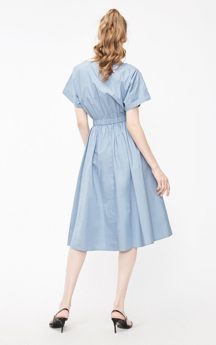 Batwing Sleeves Elasticized Waist Round Neck Pure Dress