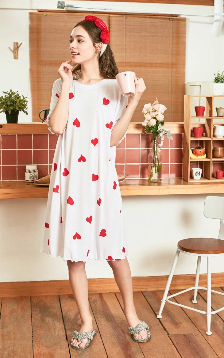 Heart-shaped Print Hair Band Loose fit T-shirt Homewear Dress