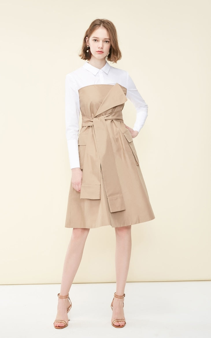 Fake Two-piece Shirt Lace-up Splice A-line Dress