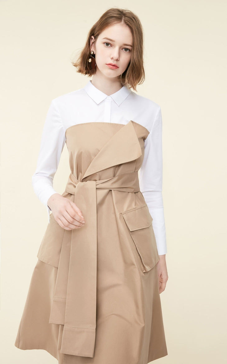 Fake Two-piece Shirt Lace-up Splice A-line Dress