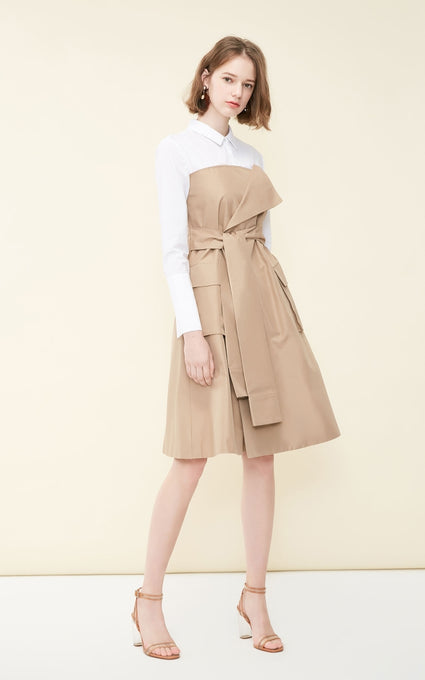 Fake Two-piece Shirt Lace-up Splice A-line Dress