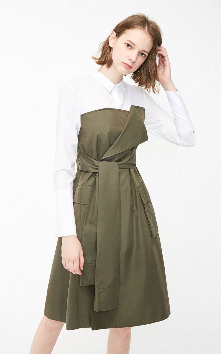 Fake Two-piece Shirt Lace-up Splice A-line Dress