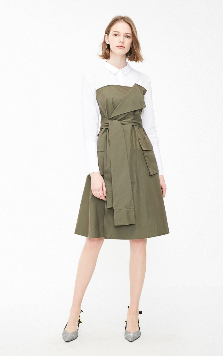 Fake Two-piece Shirt Lace-up Splice A-line Dress