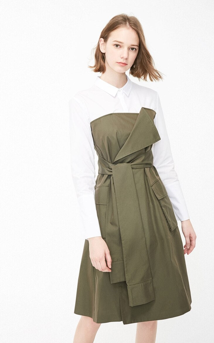 Fake Two-piece Shirt Lace-up Splice A-line Dress