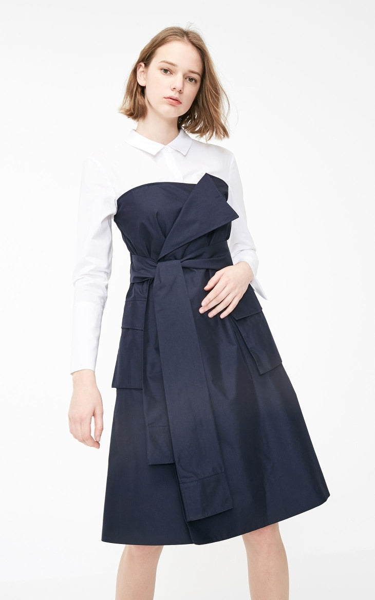 Fake Two-piece Shirt Lace-up Splice A-line Dress