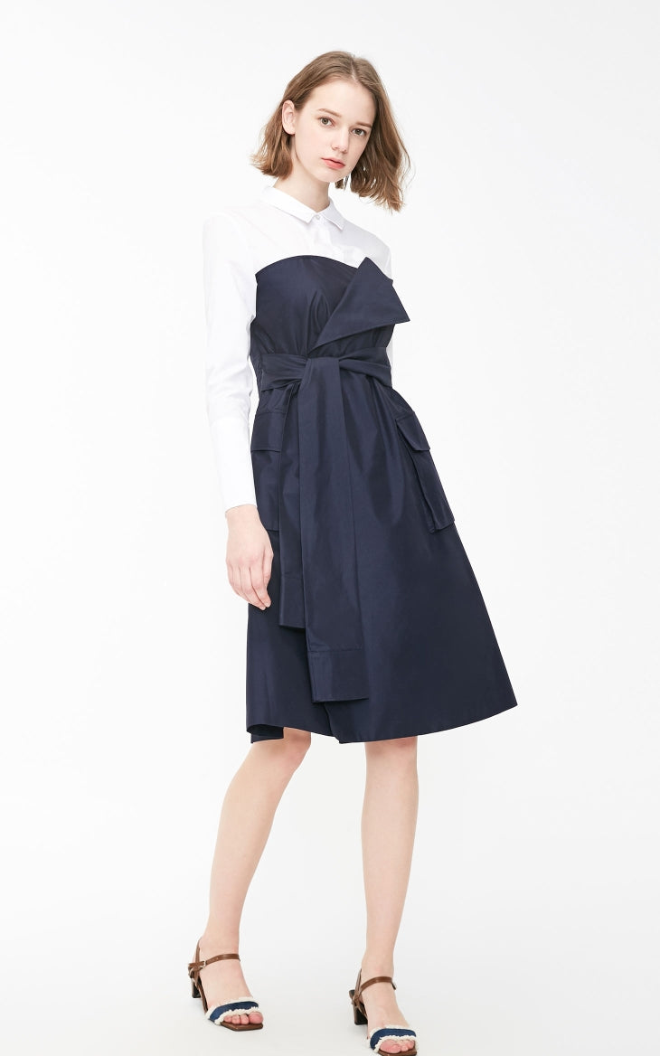 Fake Two-piece Shirt Lace-up Splice A-line Dress