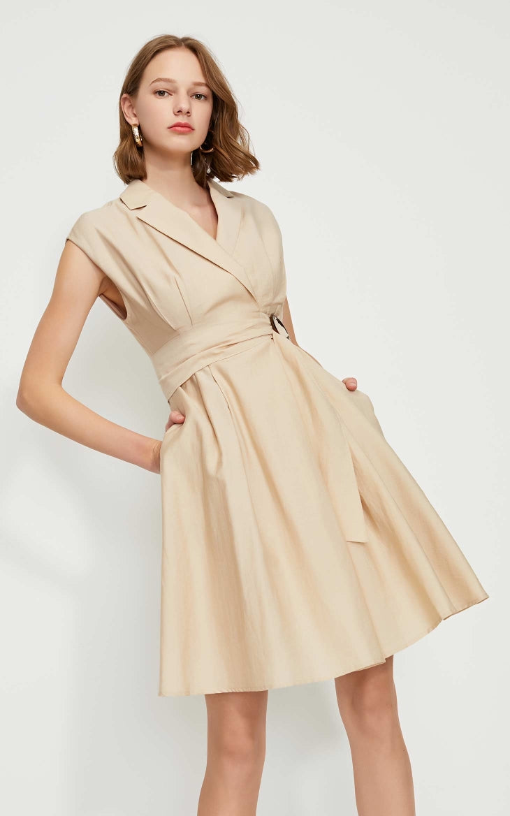 OL Style Turn-down Collar Wrap Sleeveless Dress