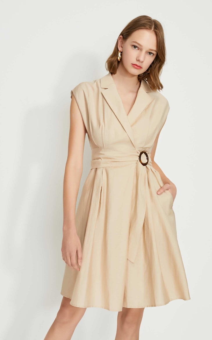 OL Style Turn-down Collar Wrap Sleeveless Dress