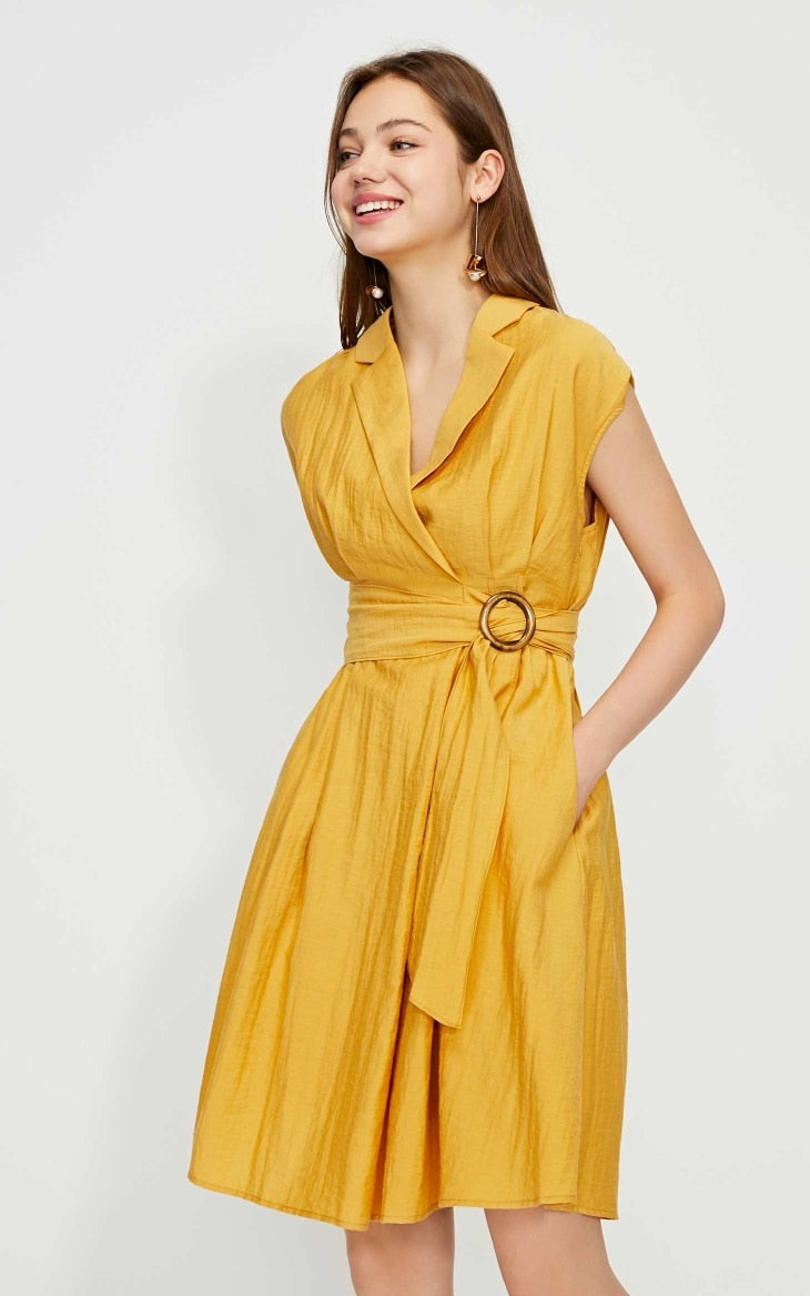 OL Style Turn-down Collar Wrap Sleeveless Dress