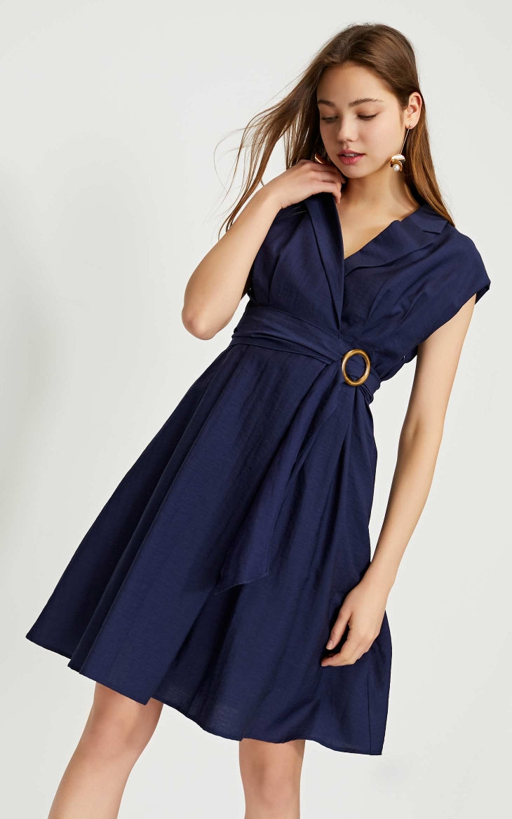 OL Style Turn-down Collar Wrap Sleeveless Dress