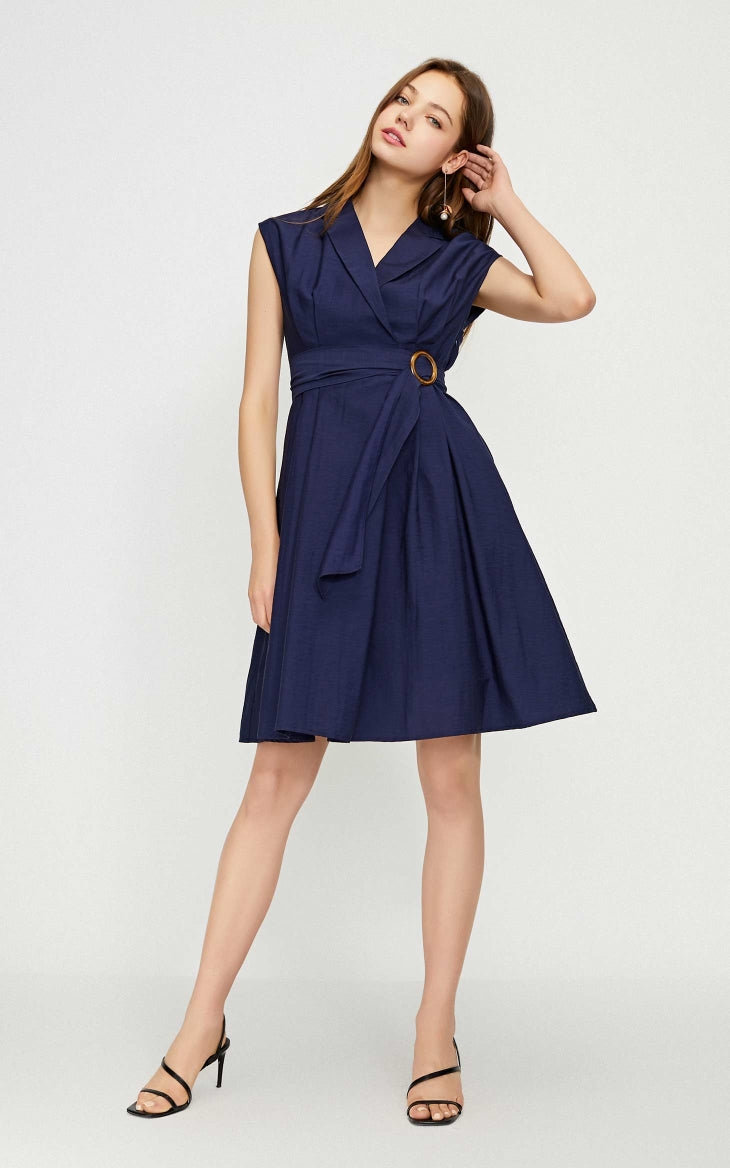 OL Style Turn-down Collar Wrap Sleeveless Dress