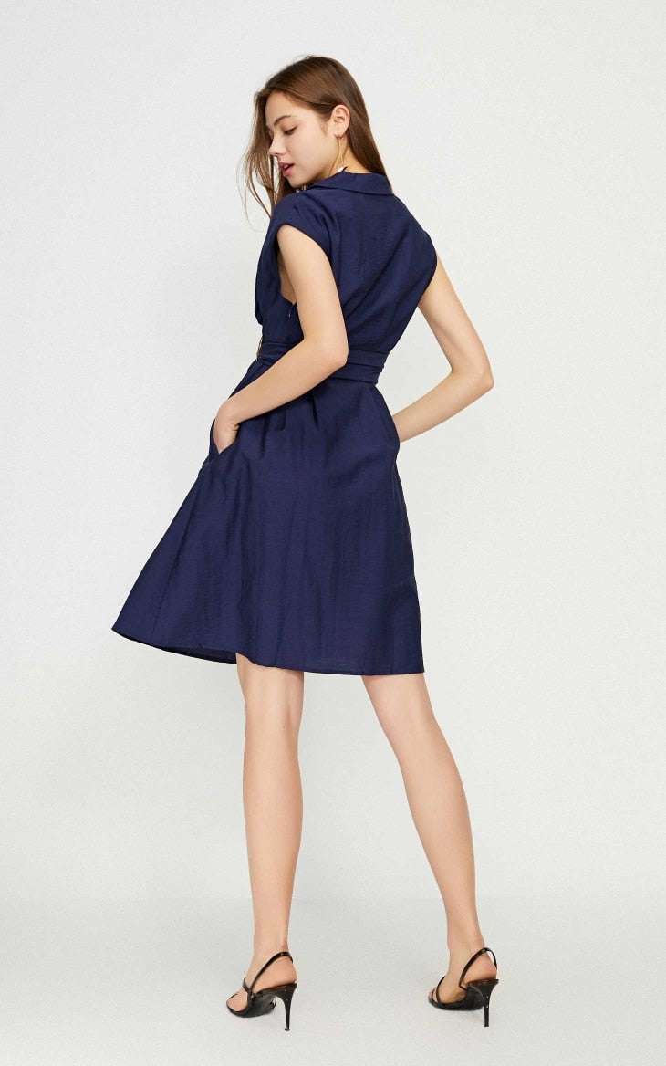 OL Style Turn-down Collar Wrap Sleeveless Dress