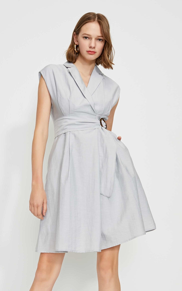 OL Style Turn-down Collar Wrap Sleeveless Dress