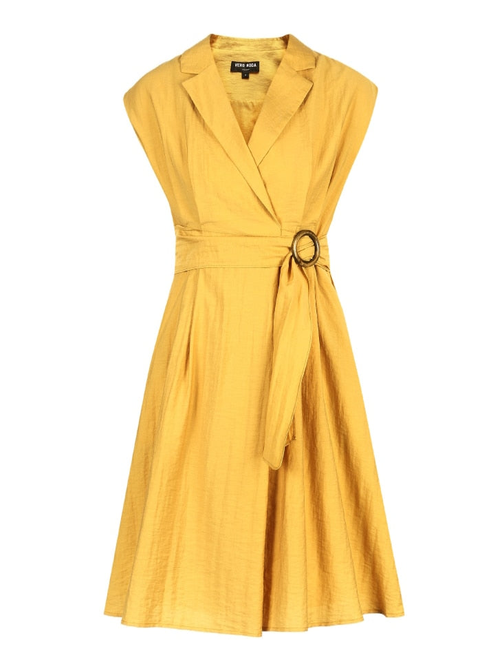 OL Style Turn-down Collar Wrap Sleeveless Dress
