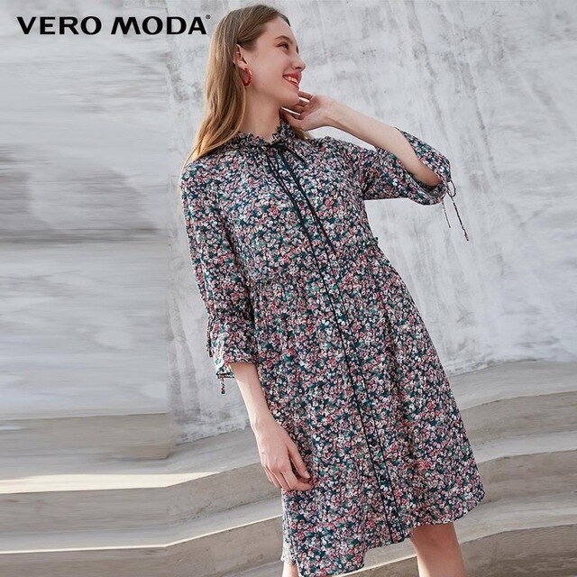 Buckled Ruffled 3/4 Flared Sleeves Dress