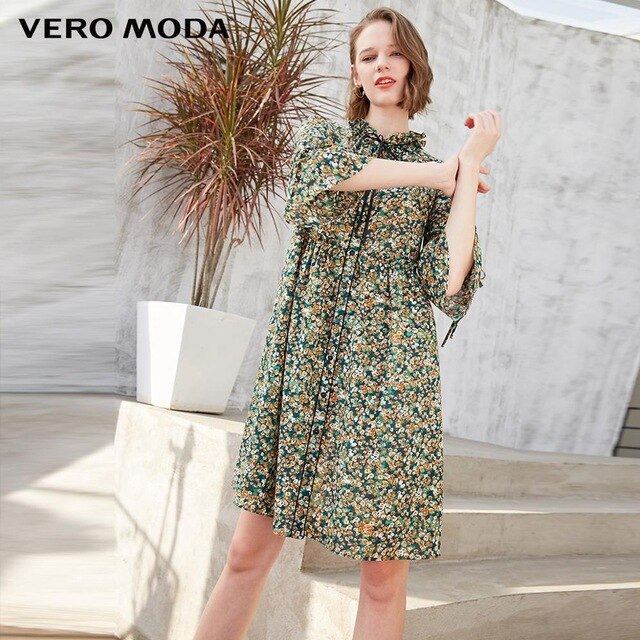 Buckled Ruffled 3/4 Flared Sleeves Dress