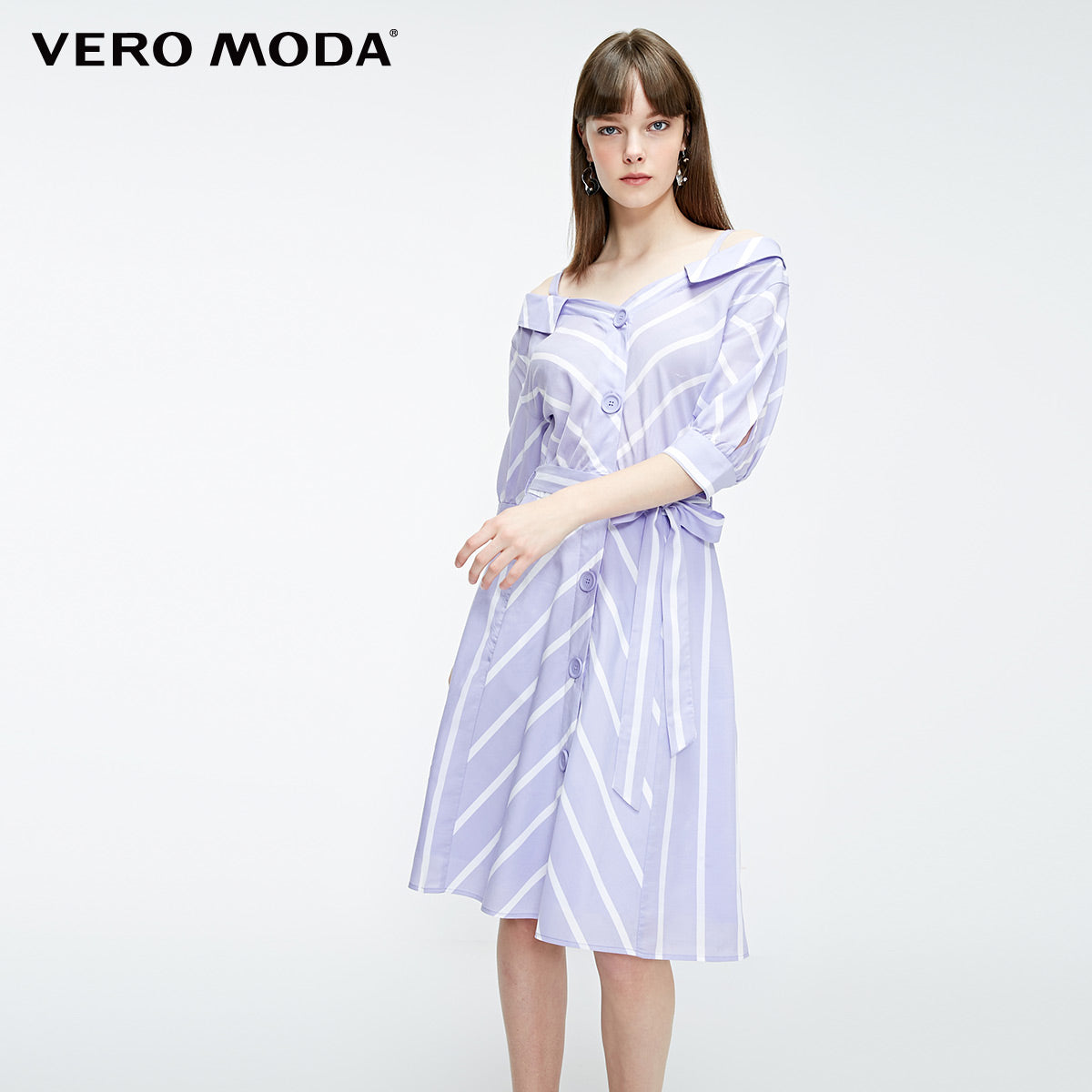 Off-the-shoulder Decorative Buttons Shirt Dress