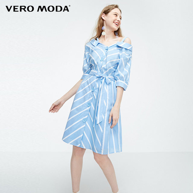 Off-the-shoulder Decorative Buttons Shirt Dress