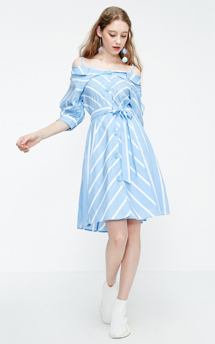 Off-the-shoulder Decorative Buttons Shirt Dress